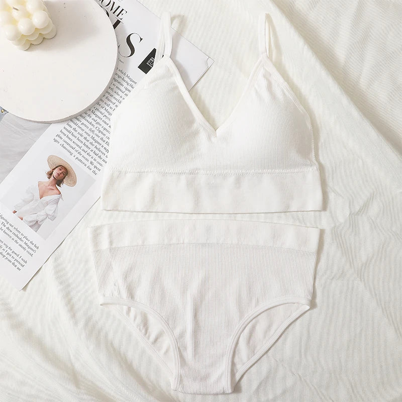 Women Bra And Panty Set Low Back Bra High Waist Briefs Female Sexy Lingerie Set Wire Free Brassiere Seamless Underwear Crop Top