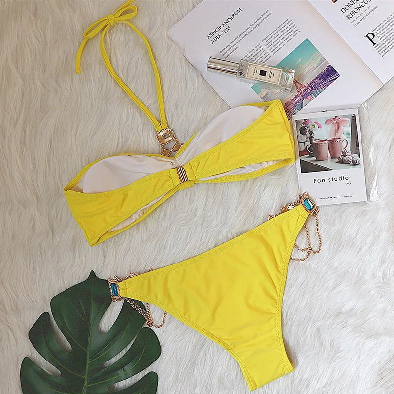 Halter Rhinestone Diamond Bikini Women Swimsuit Female Bikinis Metal Chain Swimwear Two Pieces Bikini Set Bathing Suit Swim Lady