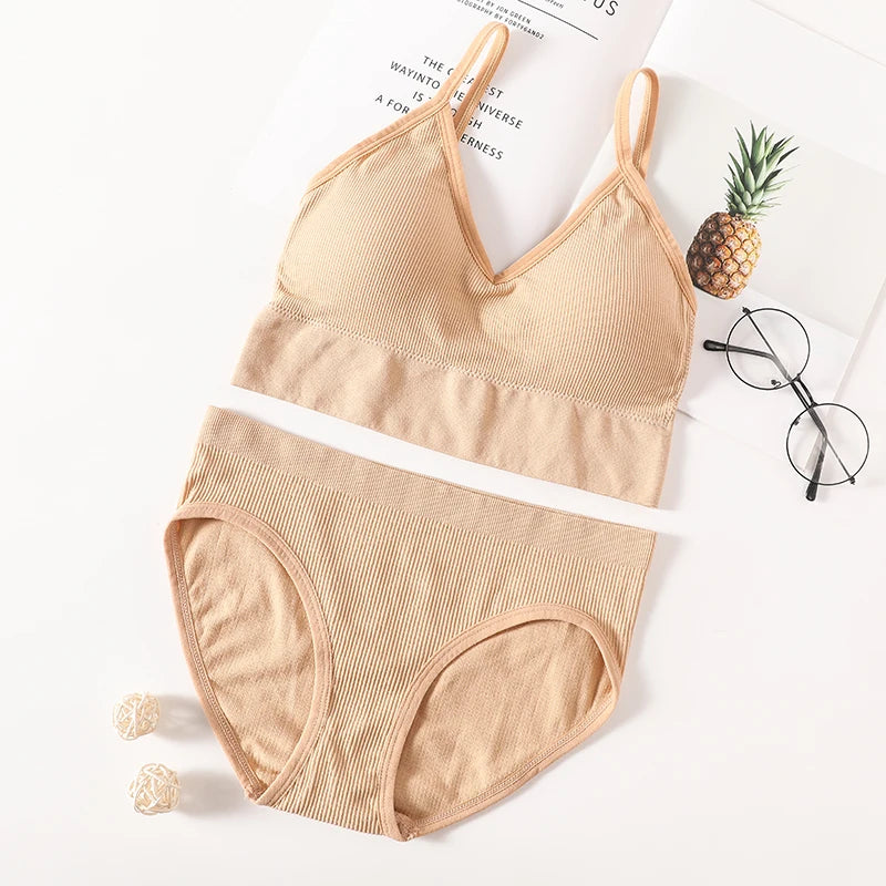 Women Bra Panties Set Seamless Bra Cropped Bralette Crop Top Low Back Brassieres Sexy Lingerie Push Up Bra Sexy Underwear Set