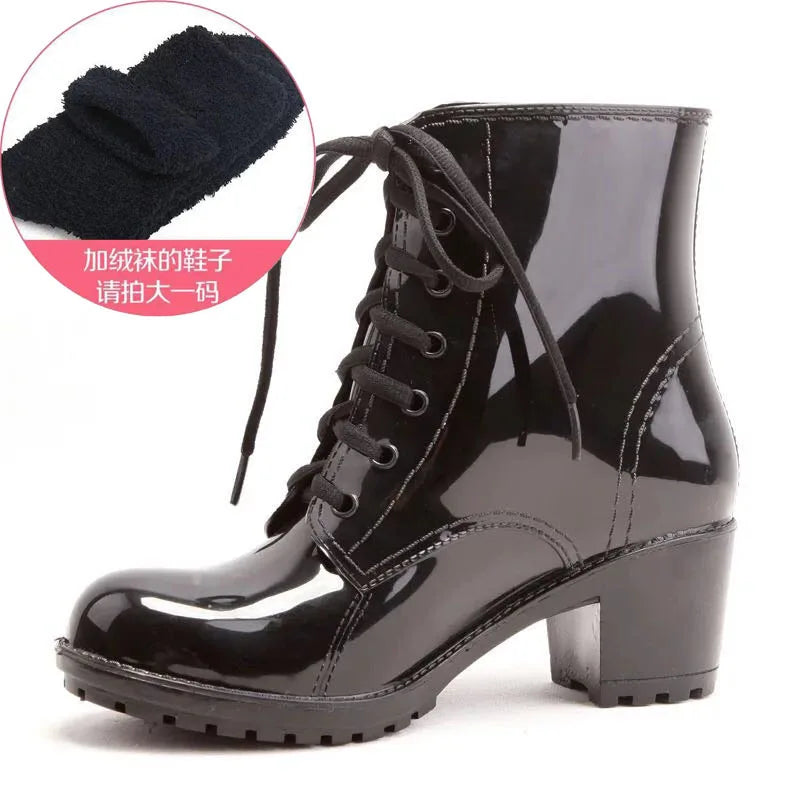 Women's Ankle Rain Boots Autumn Oxford Plain Shoes Woman Dress Zipper Shoe Formal OL High Heels Lady Black Footwear 2019