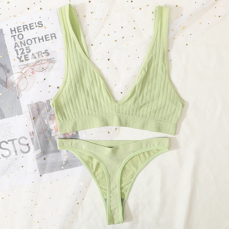 Women Seamless Bra And Panties Set Sexy Ribbed Bra Top Low Waist Thongs Wire-free Brassiere No Pads Comfort Intimates M-XL