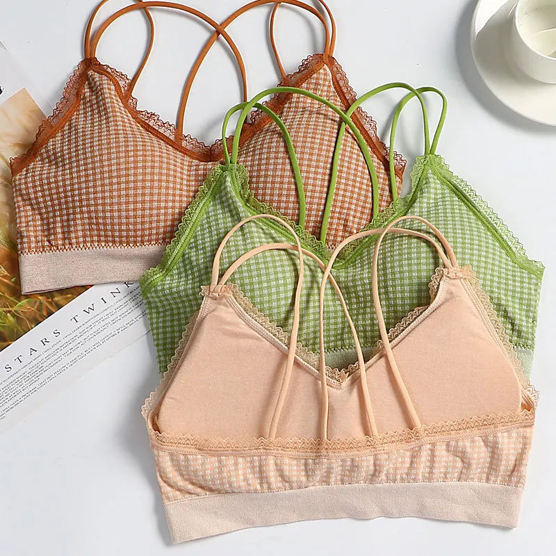 Gingham Lace Cross-Back Bralette Wireless Wrap Bra Sexy Lingerie Stretchy Beauty Cross Back Underwear Plaid Lace Trim Tube Bra