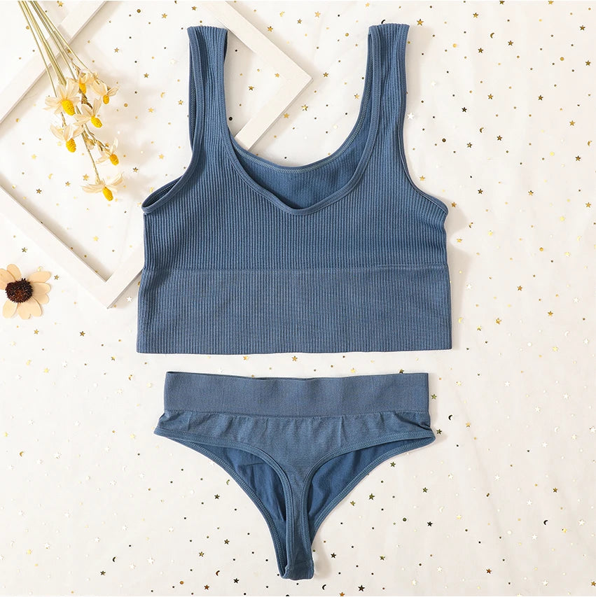 Seamless Women Lingerie Set Rib Bralette Sports Crop Top High Waist Briefs Panties Light Support Bra Sexy Underwear Set