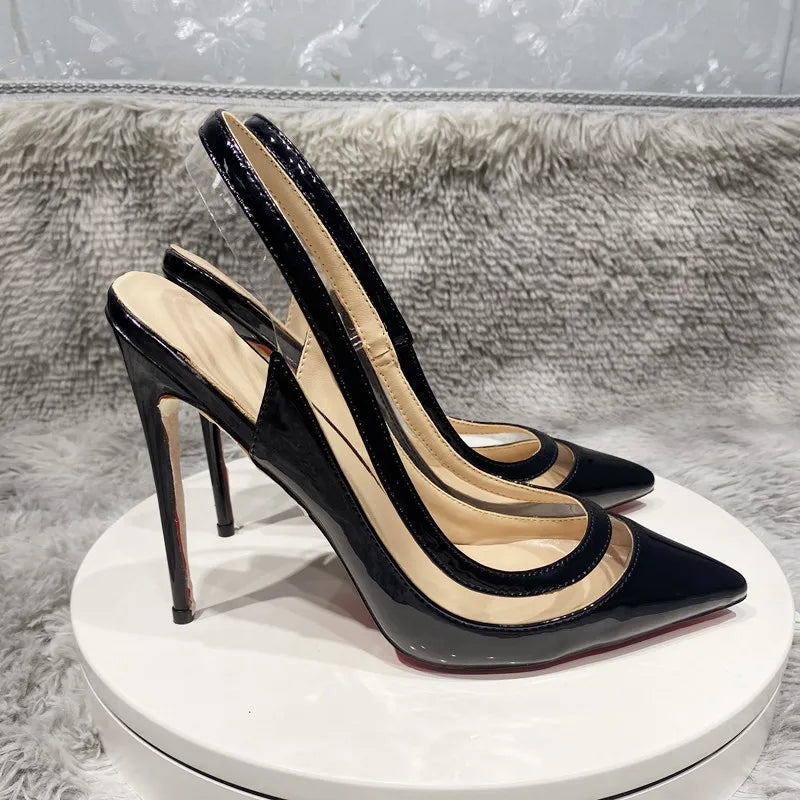 transparent PVC women's high heels, 12cm 10cm 8cm thin heels, no shoelaces, toe, Party disco shoes, black, size 33-45