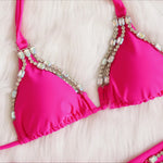 Sexy Rhinestone Bikini Set 2025 Shinny Hot Pink Push Up Thong Swimsuit Brazilian Diamond Metal Chain Beach Bathing Suit Swimwear
