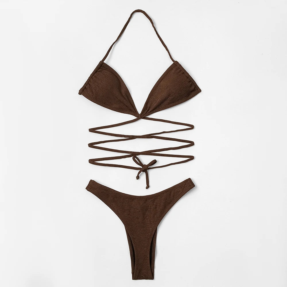 ZTVitality Solid Ribbed Bandage Wrap Around Bikini 2025 New Halter Padded BraHigh Leg Sexy Swimsuit Beach Wear Swimwear Women