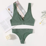 Women Seamless Bra And Panties Set Sexy Ribbed Bra Top Low Waist Thongs Wire-free Brassiere No Pads Comfort Intimates M-XL