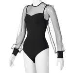 Women Pearl Mesh Puff Sleeve Bodysuit 2024 Fashion Long Sleeve Vintage Body Top Summer Fall Elegant Sexy Blouse Shirts Female