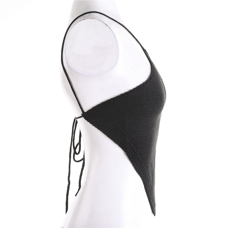Summer Ladies Sexy Backless Chest Wrap Women Solid Color Hanging Neck Lace-Up Sleeveless Knitted Camisole Irregular Hem Top