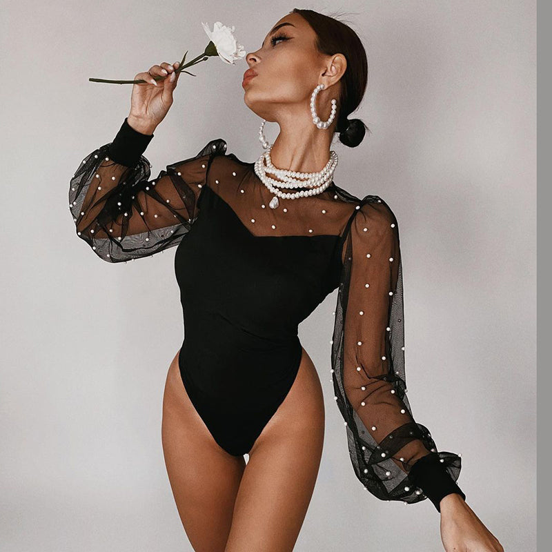 Women Pearl Mesh Puff Sleeve Bodysuit 2024 Fashion Long Sleeve Vintage Body Top Summer Fall Elegant Sexy Blouse Shirts Female