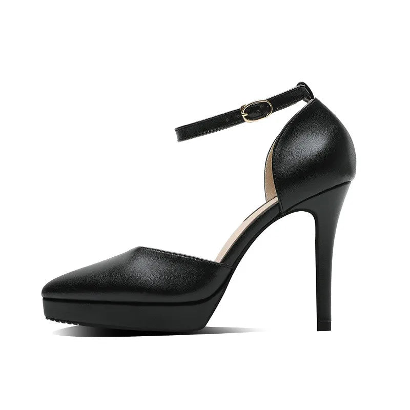 2025 Summer Brand Ankle Straps Womens Sandals 10 Cm Sexy Pointed Toe Platform Pumps Matte Leather Ladies High Heels Size 32 33