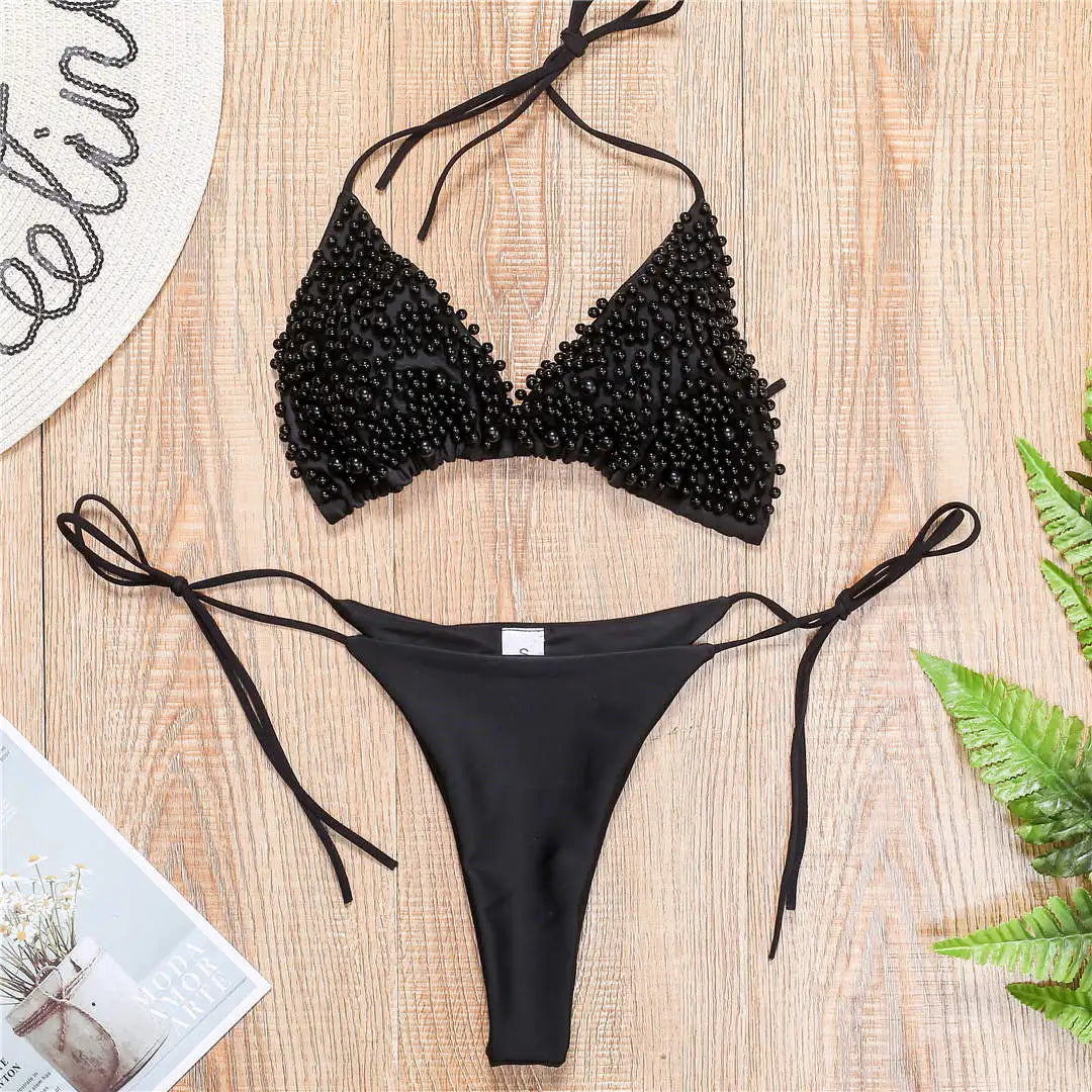 S - XL Halter Luxury Pearl Bikini Female Swimsuit Women Swimwear Two-pieces Bikini set Mini Micro Bather Bathing Suit Swim Lady