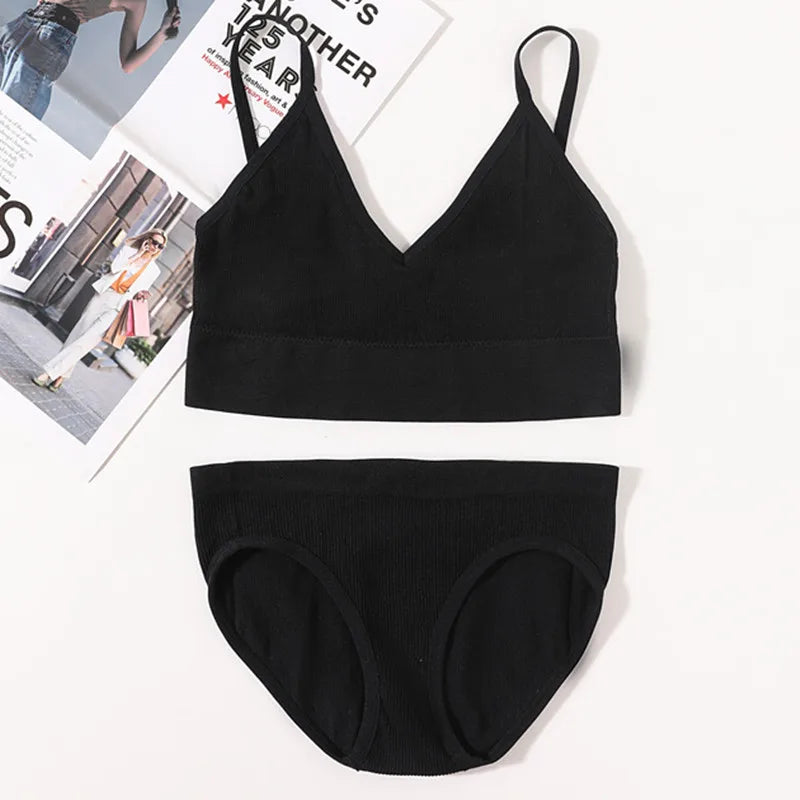 Women Seamless Bra And Panties Set U Back Bra Crop Top Sexy Lingerie Set No Pads Brassiere Low Rise Briefs Ladies Underwear Set