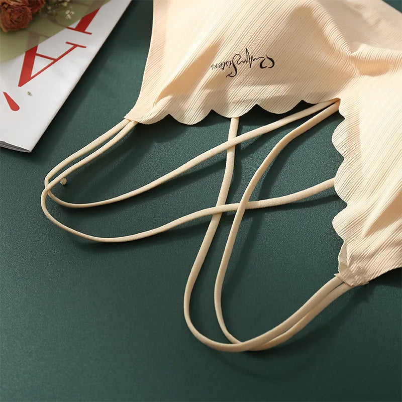Scalloped Wave V Neck Rib Bralette Women Underwear Fixed Thin Shoulder Straps Detachable Heart Shape Foam Pads Lounge Inner Bra