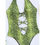 New Sexy Snake Skin Halter Monokini Women Swimwear One Piece Swimsuit Female Tummy Cut Out Bather Bathing Suit Swim Lady V3056