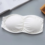 Women Ribbed Strapless Bandeau Bra Anti-Slip Ruched Tube Top Bra Removable Breathable Pads Adjustable Back Hooks One Size