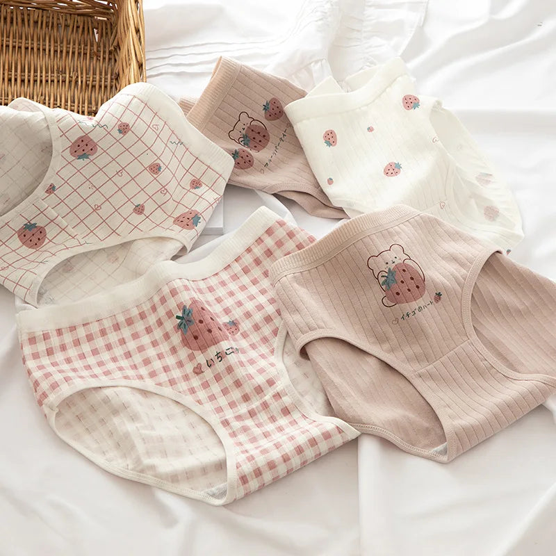 1 Pack Cute Bear & Strawberry Print Cotton Mid-Rise Panties Women's Comfort Underwear M-XL Grid & Striped Print Lingerie
