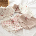 1 Pack Cute Bear & Strawberry Print Cotton Mid-Rise Panties Women's Comfort Underwear M-XL Grid & Striped Print Lingerie