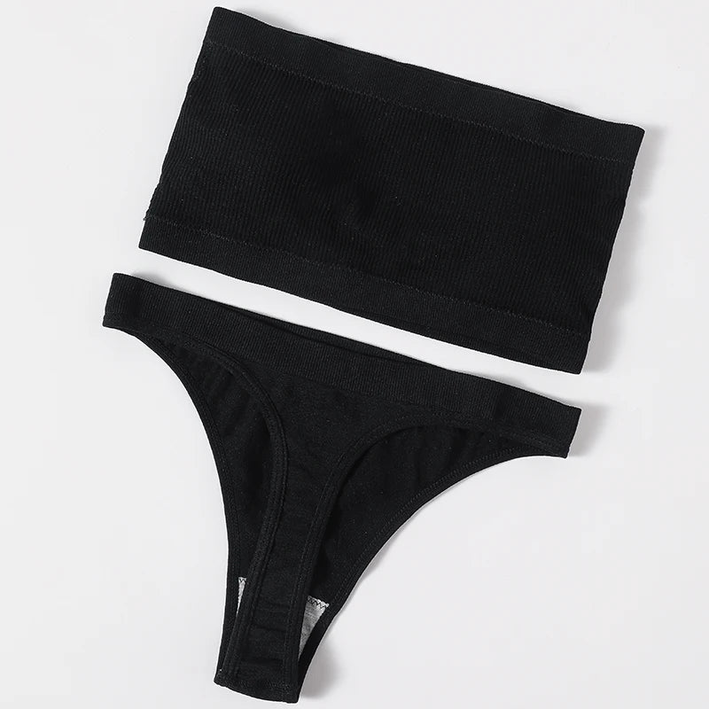 Women Strapless Bra And Panties Set Seamless Anti-Slip Tube Bra Sexy Underwear Brazilian Panties Ribbed Bandeau Lingerie Set