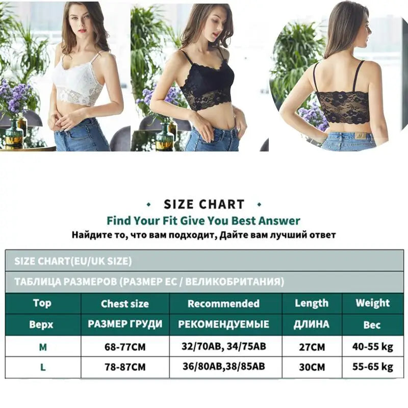 Women's Embroidery Lace Strap Vest Bralette Sexy Back Design No Wireless Push-up Detachable Breast Pads Included