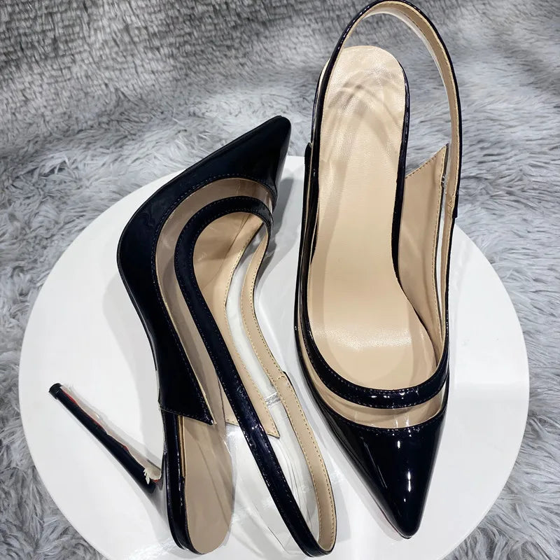 transparent PVC women's high heels, 12cm 10cm 8cm thin heels, no shoelaces, toe, Party disco shoes, black, size 33-45