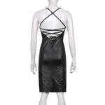 Women Sexy Suspender Mid-length Bodycon Dress Fashion Solid Color Leather Bandage Backless Skinny Split Dress For Female Mujer