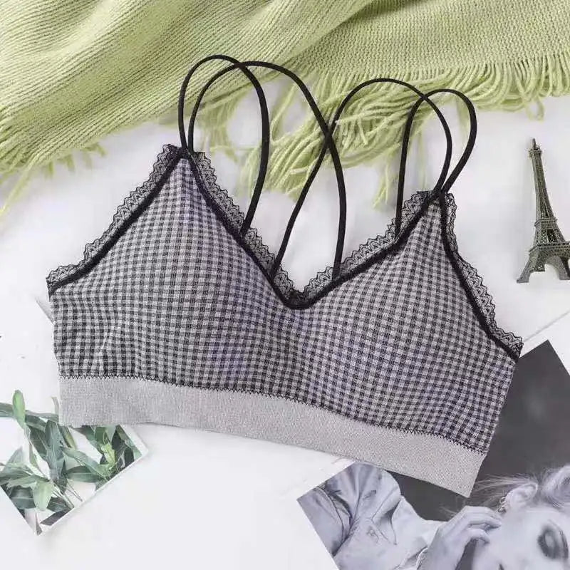 Gingham Lace Cross-Back Bralette Wireless Wrap Bra Sexy Lingerie Stretchy Beauty Cross Back Underwear Plaid Lace Trim Tube Bra