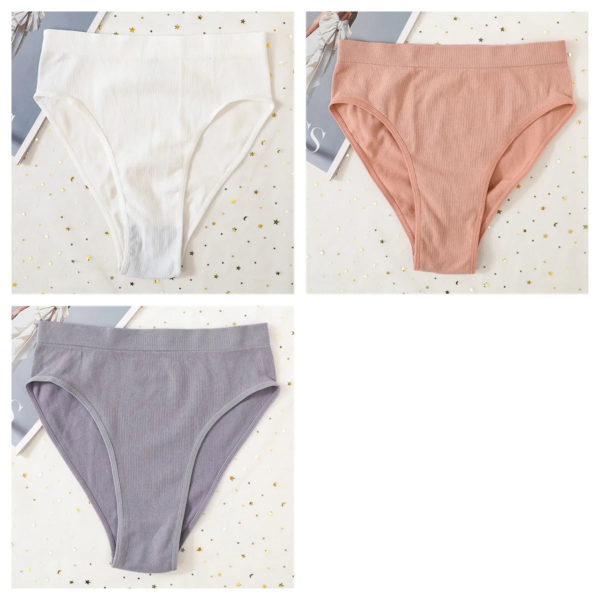 3Pcs/Set Seamless Panties Women High Waist Briefs High Cut Sports Bottom Underwear Female Stretch Rib Underpants Sexy Lingerie