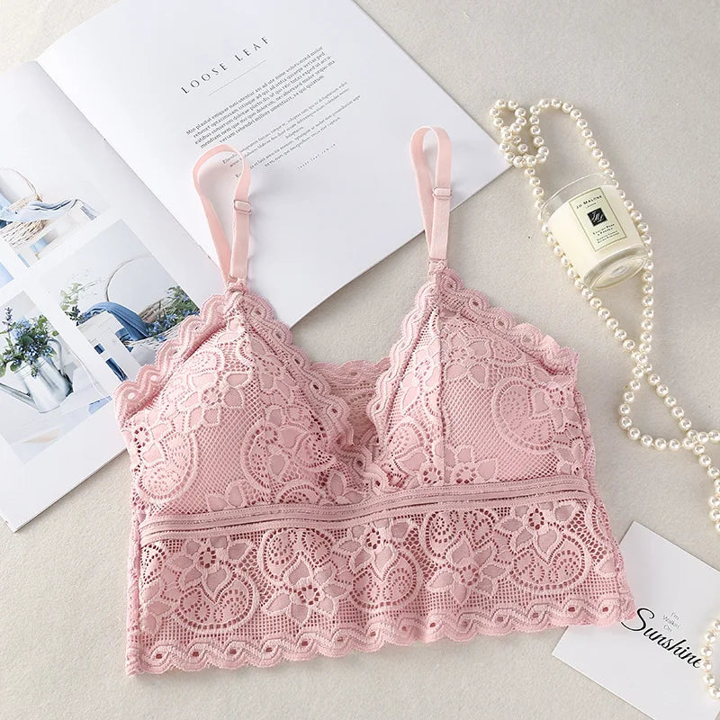 Women Full Floral Lace V-Neck Bralette One Size Scalloped Lace Wireless Camisole Bra Detachable Adjustable Thin Straps Lingerie