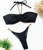 New Halter Ribbed Brazilian Bikini Female Swimsuit Women Swimwear Two pieces Bikini set Metal Chains Bather Bathing Suit Swim