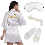 4pc set of glitter gold bride satin short bride robe slippers bridal sash peignoir women Bridal Party 2019 kimono robe
