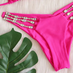 Sexy Rhinestone Bikini Set 2025 Shinny Hot Pink Push Up Thong Swimsuit Brazilian Diamond Metal Chain Beach Bathing Suit Swimwear