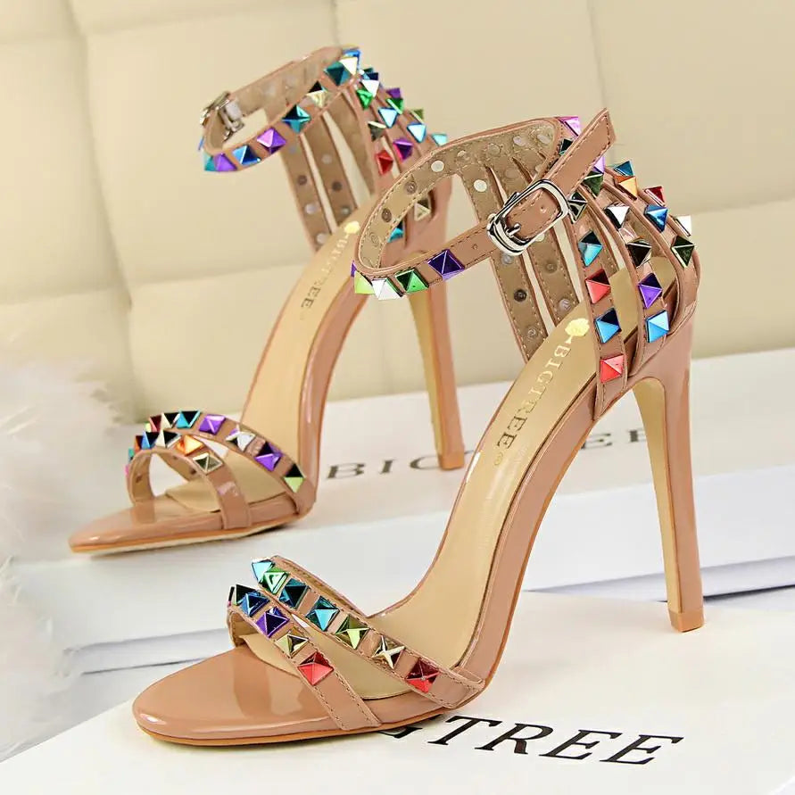 BIGTREE Shoes Color Rivets Women Sandals Roman Style Heeled Sandals Hollow Out High Heels Stiletto Sexy Party Shoes Sandals