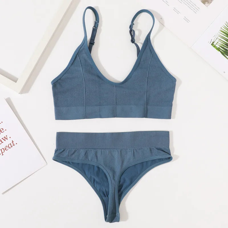 Women Ribbed Bra And Panties Set Seamless Underwear Top Women's V-Neck No Pad Lingerie Adjustable Straps Wire Free Bralette M-L