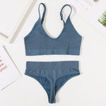 Women Ribbed Bra And Panties Set Seamless Underwear Top Women's V-Neck No Pad Lingerie Adjustable Straps Wire Free Bralette M-L