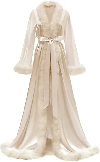 Women's Satin Robe Fur Nightgown Bathrobe Sleepwear Feather Bridal Robe with Belt