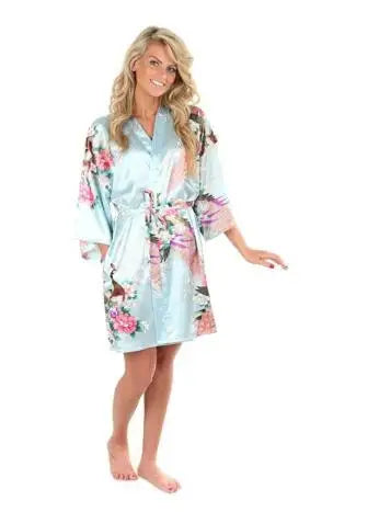 Wholesale Flower&Peacock Kimono Bathrobe Women Satin Soft Sleepwear Sexy Mini Bride Bridesmaid Wedding Robe Dressing Party Gown