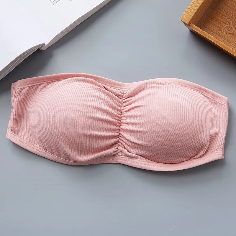 Women Ribbed Strapless Bandeau Bra Anti-Slip Ruched Tube Top Bra Removable Breathable Pads Adjustable Back Hooks One Size