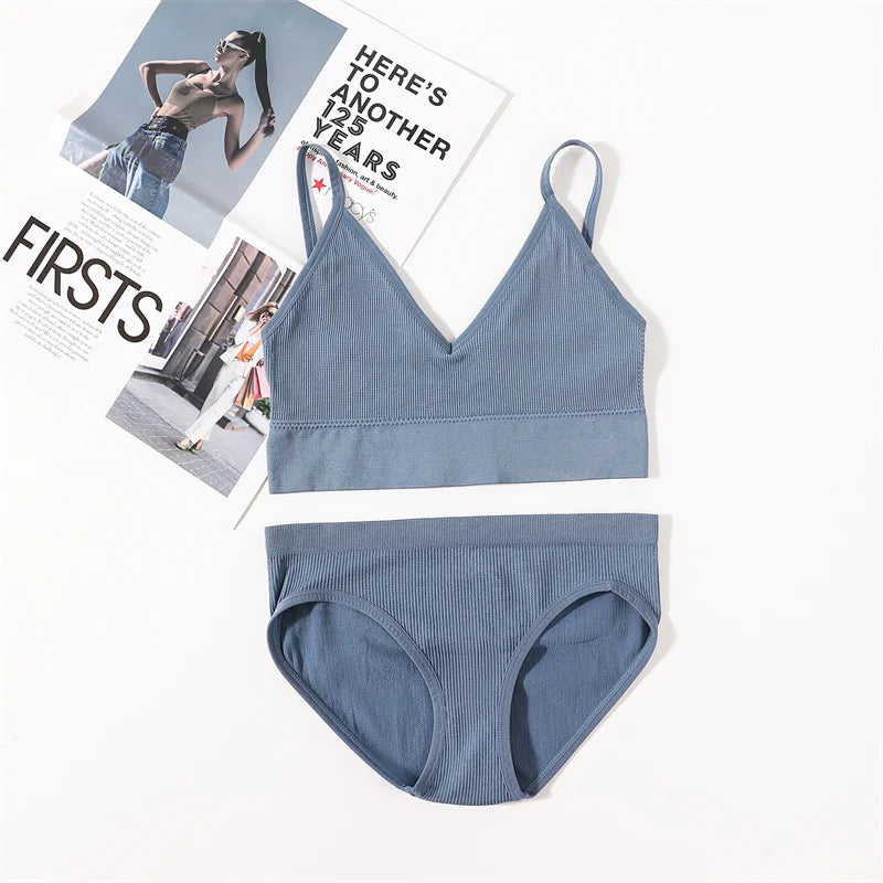 Women Seamless Bra And Panties Set U Back Bra Crop Top Sexy Lingerie Set No Pads Brassiere Low Rise Briefs Ladies Underwear Set