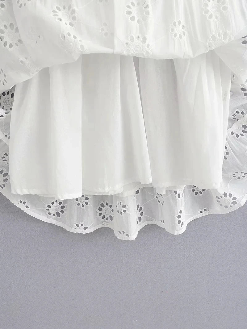 Foridol White Lace Sleeveless Summer Dress Women Hollow Out Embriodery Sundress Casual Button Beach Boho Vintage Short Dress