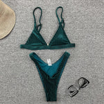 Ribbed Metallic Velvet Bikini Women Swimsuit Female Thong Swimwear Two Pieces Bikini Set High Cut Bathing Suit Swim Beachwear