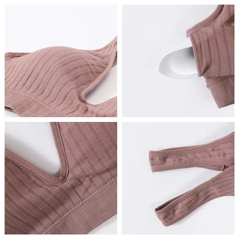 Women Deep V Ribbed Bralette Push-Up Bras Sports Seamless Bra Padded & Unlined Underwear Two Versions Top Sexy Lingerie S-XL