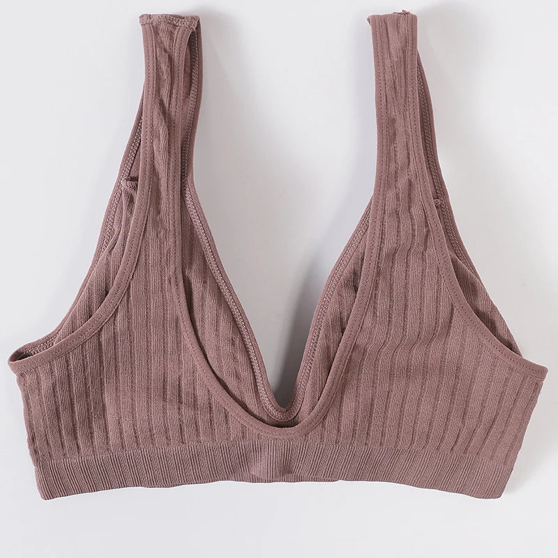 Women Deep V Ribbed Bralette Push-Up Bras Sports Seamless Bra Padded & Unlined Underwear Two Versions Top Sexy Lingerie S-XL