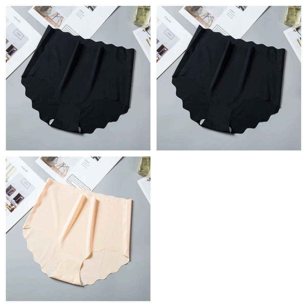 3Pcs/Set Women Ice Silk Panties Wavy Trim Seamless Underwear High Waist Panty No Show Briefs Invisible Ladies Lingerie M-XXL