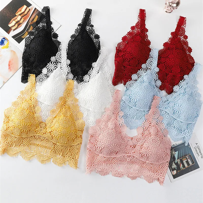 Deep V Lace Bra Tops Wire Free Brassieres Women Underwear Sexy Lingerie Beauty Back Bralette Bras for Women Removable Pads Top