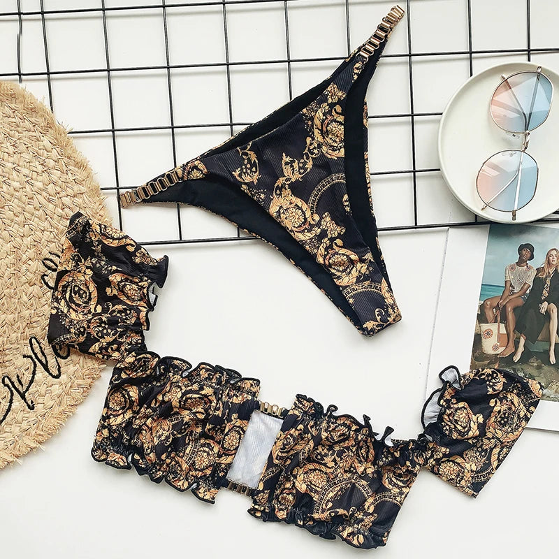 Cherry Print Off Shoulder Bikini 2025 High Cut Swimsuit Women Female Brazilian Swimwear Two pieces Bikini set Bathing Suit Swim