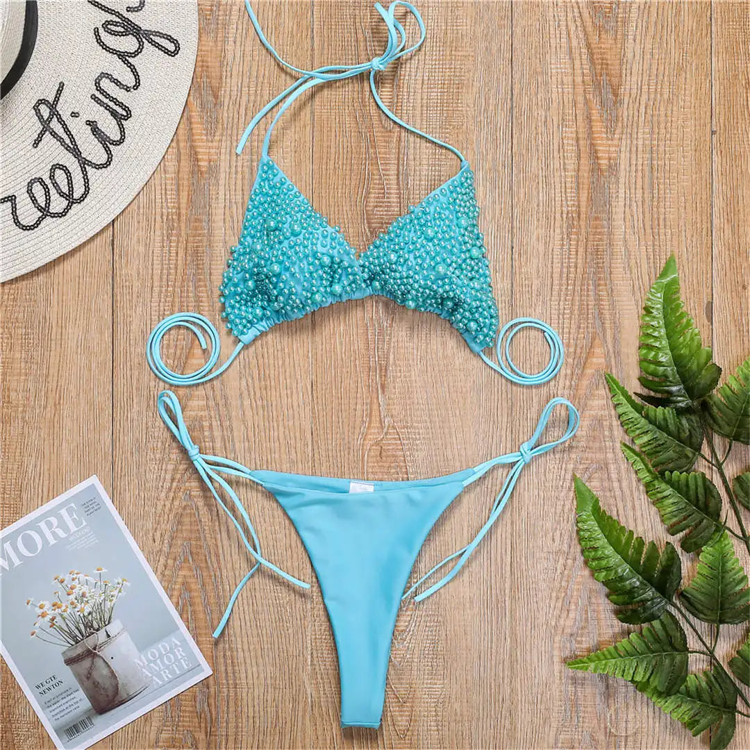 S - XL Halter Luxury Pearl Bikini Female Swimsuit Women Swimwear Two-pieces Bikini set Mini Micro Bather Bathing Suit Swim Lady