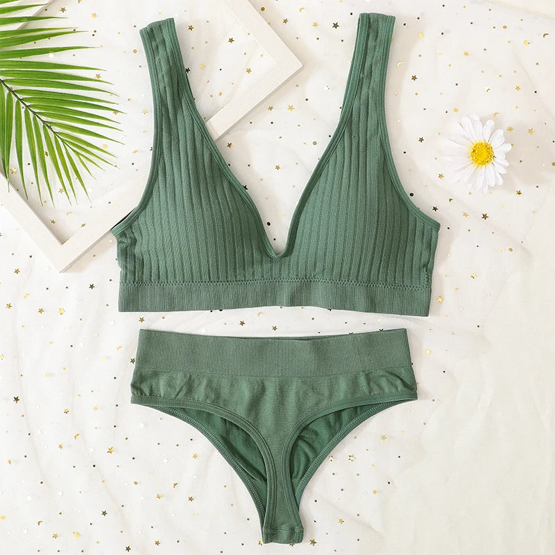 Women Push-Up Bra And Panties Set Sexy Lingerie V-neck Non-wire Bralette with Removable Pads Seamless Crop Top High Waist Thong