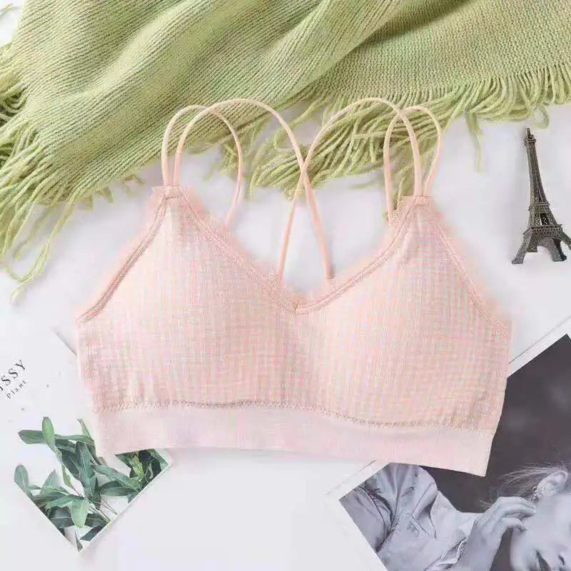 Gingham Lace Cross-Back Bralette Wireless Wrap Bra Sexy Lingerie Stretchy Beauty Cross Back Underwear Plaid Lace Trim Tube Bra