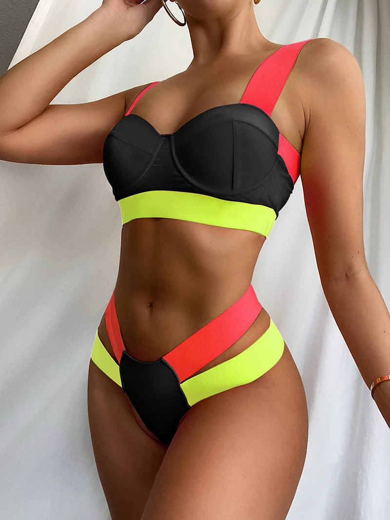 Splicing Push Up Bra Cup Bikini Women Swimsuit Female Swimwear Two-pieces Bikini Set High Cut Bathing Suit Swim Beach Wear